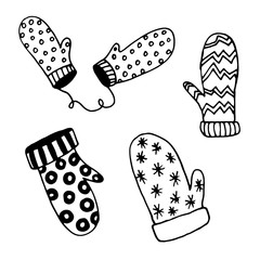 Winter hand drawn vector set. Hat, socks, mittens, envelope, letter, gift, gift box isolated hand drawn elements. For winter illustrations, patterns, postcards, invitations
