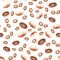 Watercolor pattern with pies, buns, bagels on a seamless white background