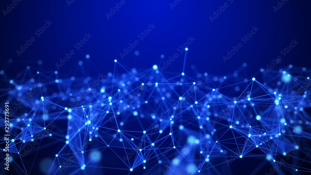 Aufkleber Network connection structure. Big data digital blue background. Science background with connected dots, lines and triangles. 3d rendering.