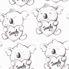 Seamless Cute Cartoon Koala holding heart Sweety Pattern Vector black and white