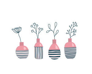 Set vases with flowers, scandinavian home decor, white background. Hand-drawn vector illustration