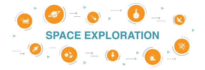 space exploration Infographic 10 steps circle design.rocket, spaceship, astronaut, icons