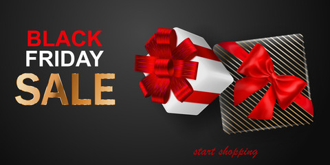 Fototapeta na wymiar Black Friday sale banner. Gift box with bow and ribbons on dark background. Vector illustration for posters, flyers or cards.