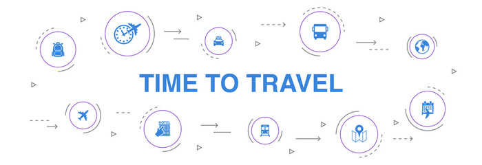 time to travel Infographic 10 steps circle design.hotel booking, map, airplane, train icons