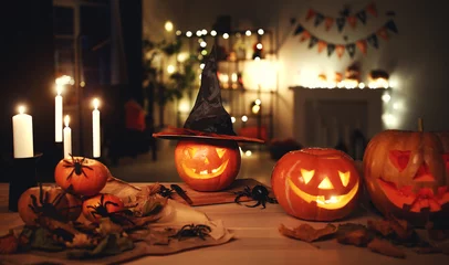 Foto op Canvas Dark interior of house decorated for Halloween pumpkins, webs and spiders © JenkoAtaman