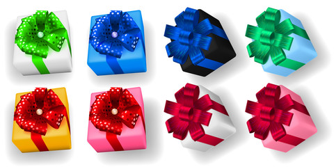 Set of multicolored gift boxes with ribbons, bows and shadows