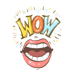Sexy open female mouth screaming and Wow speech bubble. Vector bright background in comic retro pop art style.