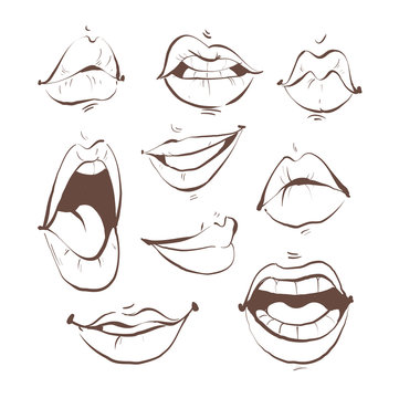 Contour Sketch illustration set feminine lips on white background.