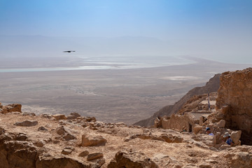 Hazy View of Dead Sea from Masada National Park Plateau, Israel