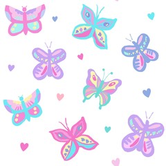 Fototapeta na wymiar All over seamless repeat pattern with flying butterflies in candy pastel colors and little hearts. For beautiful little girls', feminine or other projects!