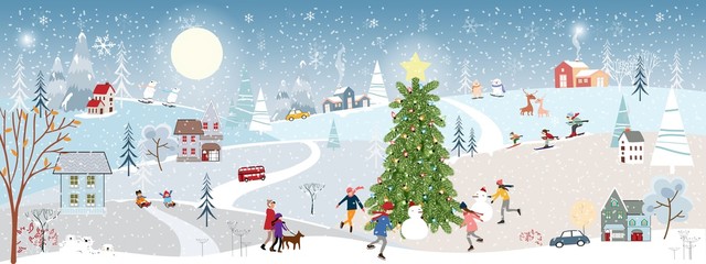 Paysage de Noël au pays des merveilles dans la ville avec maison de conte de fées, ours polaire jouant des patins à glace dans le parc, Paysage d& 39 hiver la nuit dans la ville avec des gens s& 39 amusant à célébrer le réveillon du Nouvel An