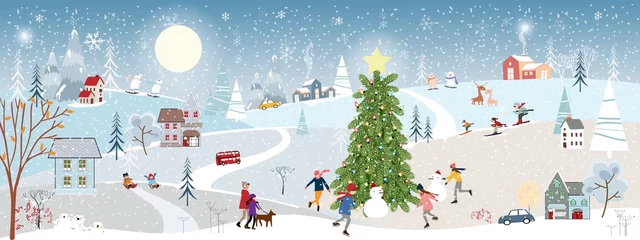 Foto auf Acrylglas Wunderland-Weihnachtslandschaft in der Stadt mit Märchenhaus, Eisbär, der Schlittschuhe im Park spielt, Winterlandschaft nachts in der Stadt mit Leuten, die am Silvesterabend Spaß haben © Anchalee