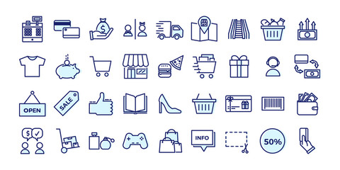 Icons related with commerce, shops, shopping malls, retail. Vector illustration filled outline design set