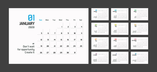 Modern minimal Calendar Planner Template for 2020. Vector design editable template with motivational quotes