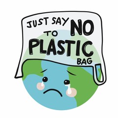 Say no to plastic bags sad earth cartoon vector illustration