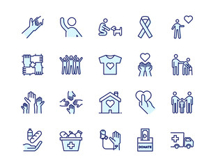 Vector filled outline icons related with humanitarian causes - volunteering, adoption, donations, charity, non-profit organizations.