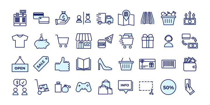 Icons related with commerce, shops, shopping malls, retail. Vector illustration filled outline design set