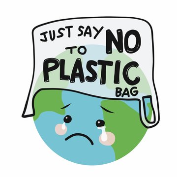 Say No To Plastic Bags Sad Earth Cartoon Vector Illustration