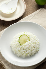 Cilantro lime in white dish,lemon on rice