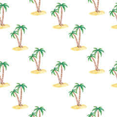 Obraz premium Tropical palm trees set, beach and nature concept. Bright tropical decoration. Watercolor cartoon palm illustration isolated on white background