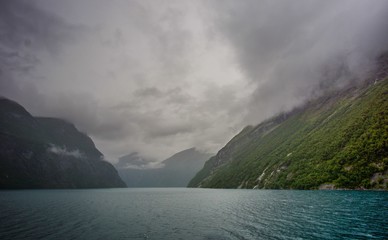 cloudy day in geiranger fjord