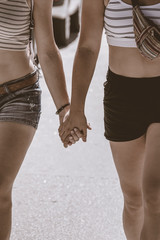 Crop lesbians holding hands