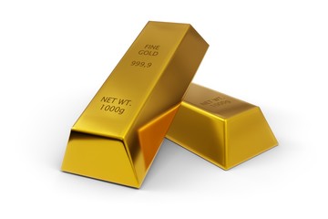 Two gold ingots or bars over white background - precious metal or money investment concept, 3D illustration