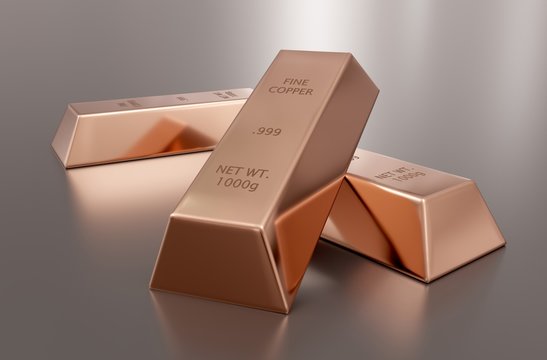 Three copper ingots or bars over reflective silver background - essential electronics production metal or money investment concept, 3D illustration