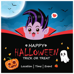 Vintage Halloween poster design with vector vampire, ghost, pumpkin character. 