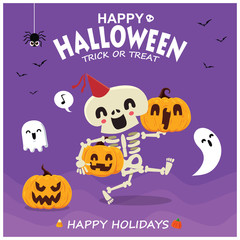 Vintage Halloween poster design with vector skeleton, ghost, pumpkin character. 