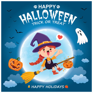 Vintage Halloween poster design with vector witch, pumpkin, ghost, spider character. 