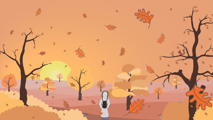 Vector illustration of autumn landscape background and woman in white coat and backpack looking away