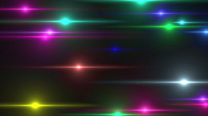Animation of horizontal multi colored lights flash randomly on a black background. Computer generated background 3d rendering