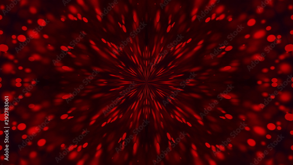 Poster computer generated a kaleidoscope of red particles flying from the center on a dark background, 3d r
