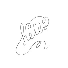Hello inscription continuous line drawing, hand lettering small tattoo, print for clothes, emblem or logo design, one single line on a white background, isolated vector illustration.