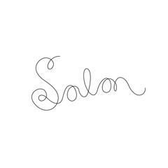 Salon inscription continuous line drawing, emblem or logo design, hand lettering small tattoo, print for clothes, one single line on a white background, isolated vector illustration.