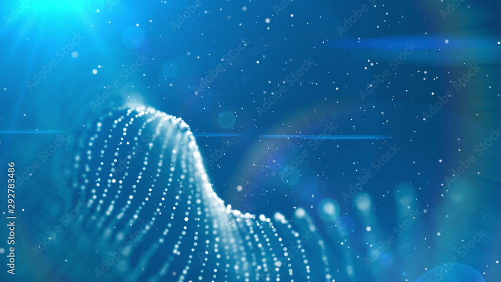 Poster dof particles, beautiful wavy surface with fabric effect, 3d rendering background, computer renderin