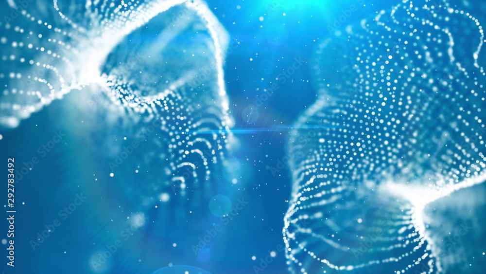 Poster dof particles, beautiful wavy surface with fabric effect, 3d rendering background, computer renderin
