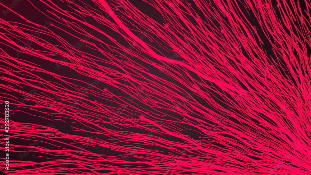Poster growing network of lines and dots with long trails in space, 3d rendering, computer generating backg