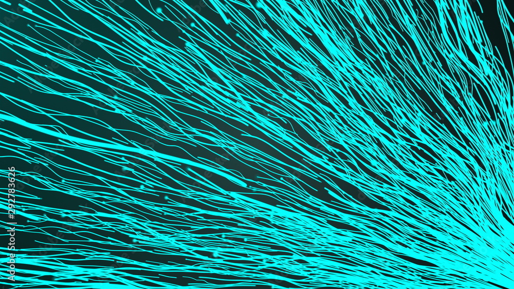 Poster growing network of lines and dots with long trails in space, 3d rendering, computer generating backg