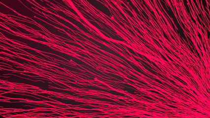 Growing network of lines and dots with long trails in space, 3d rendering, computer generating background