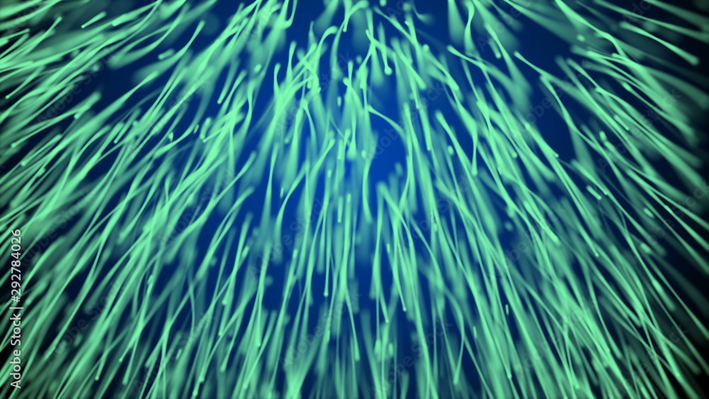 Poster moving network of lines with long trails in space, effect of drops of the rain, 3d rendering, comput