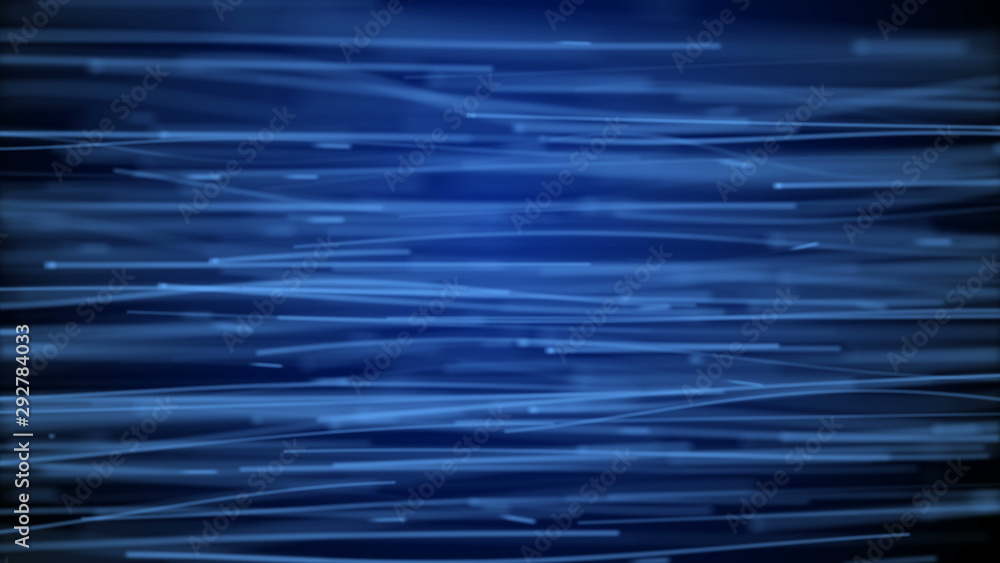 Poster moving network of lines with long trails in space, effect of drops of the rain, 3d rendering, comput