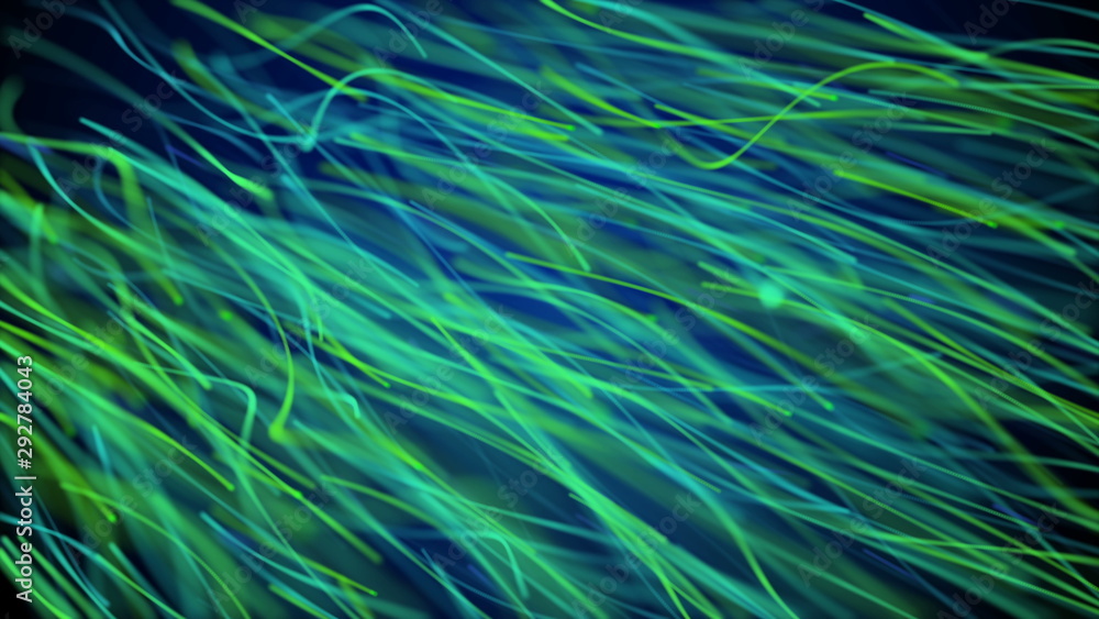 Poster moving network of lines with long trails in space, effect of drops of the rain, 3d rendering, comput