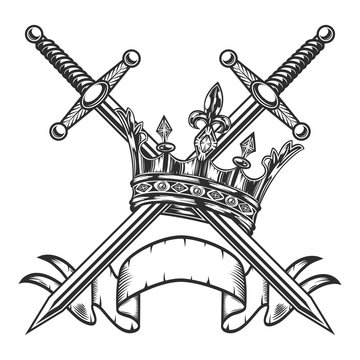 Vintage royal crown with swords and ribbon template monochrome style isolated vector illustration