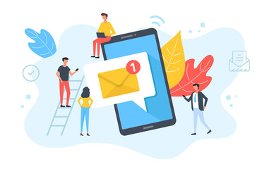People and email message on mobile phone. Online messaging, social media, phone notification, business technology concepts. E-mail letter on smartphone screen. Modern flat design. Vector illustration
