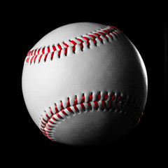 Single new white baseball with red stitches on black.