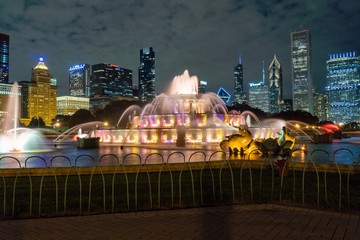 Nighttime at Buckingham Fountain in Downtown Chicago, IL