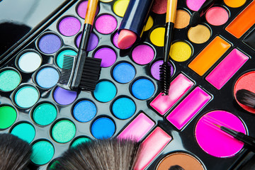 Close up of variety cosmetic makeup tools