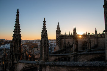 Obraz premium The flying buttress from the roof of the cathedral of Sevilla, Spain during sunset